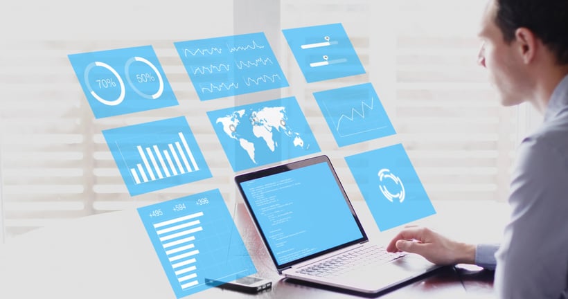 Key Performance Indicators (KPI) on business dashboard, businessman analyzing metrics